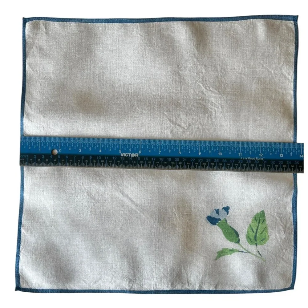 Vintage Morning Glory Linen Napkins Set Of 4 Blue & Green On White 13.75” x 14”